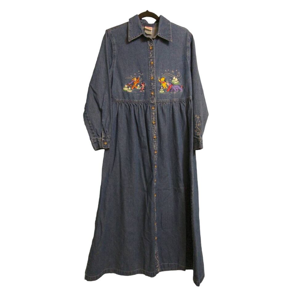 Disney Womens Shirt Dress Blue Denim Long Sleeve Embroidered Winnie The Pooh M